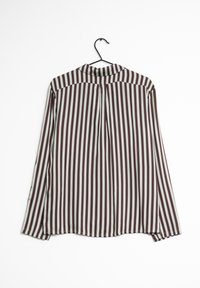 Blusa a maniche lunghe con strisce verticali marrone scuro e verde menta chiaro, colletto alto e dettaglio plissettato sul retro.