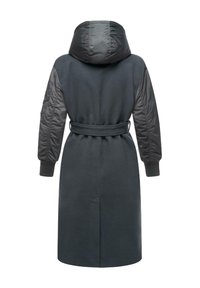 Dark gray coat with a hood, featuring padded sleeves, a belted waist, ribbed cuffs, and a smooth texture. Back view emphasizes the garment's design.