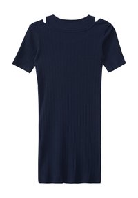 Marineblaues, geripptes Kurzarmkleid mit hohem Kragen. Hat eine figurbetonte Form und ein dezentes vertikales Muster.