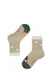 Beżowe skarpetki z zielonym palcem i akcentami, zdobione wzorami zwierząt gospodarskich oraz chmurkami. Pasiasty biały detal przy górze. Miękki materiał.