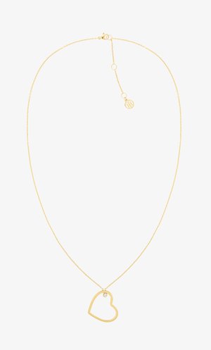 Colar em tom dourado com uma corrente fina e um pendente em forma de coração aberto, apresentando uma pequena pedra transparente. Comprimento ajustável com fecho de lagosta.