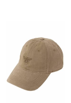 Gorra de béisbol beige con diseño bordado de abeja en el panel frontal, hecha de tejido texturizado con ojales de ventilación.