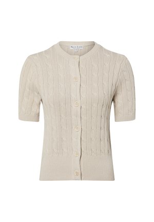 Beige cardigan met korte mouwen, voorzien van een gestructureerd kabelgebreid ontwerp, een ronde halslijn en vijf lichtgekleurde knopen aan de voorkant.