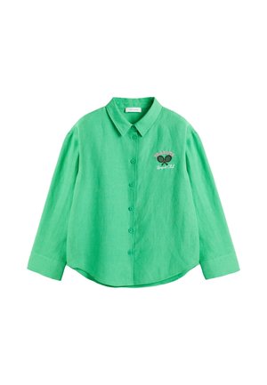Groene overhemd met knopen van lichtgewicht stof, met lange mouwen, een kraag en geborduurde details met tekst en grafische accenten.