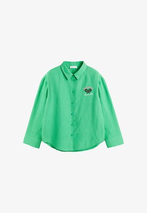 Groene overhemd met knopen van lichtgewicht stof, met lange mouwen, een kraag en geborduurde details met tekst en grafische accenten.
