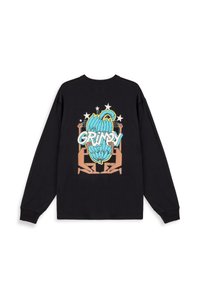 Schwarzes Langarmshirt mit einem bunten Grafikdesign auf dem Rücken, mit blauen und gelben Elementen und dem Wort "GRIMY" deutlich sichtbar.