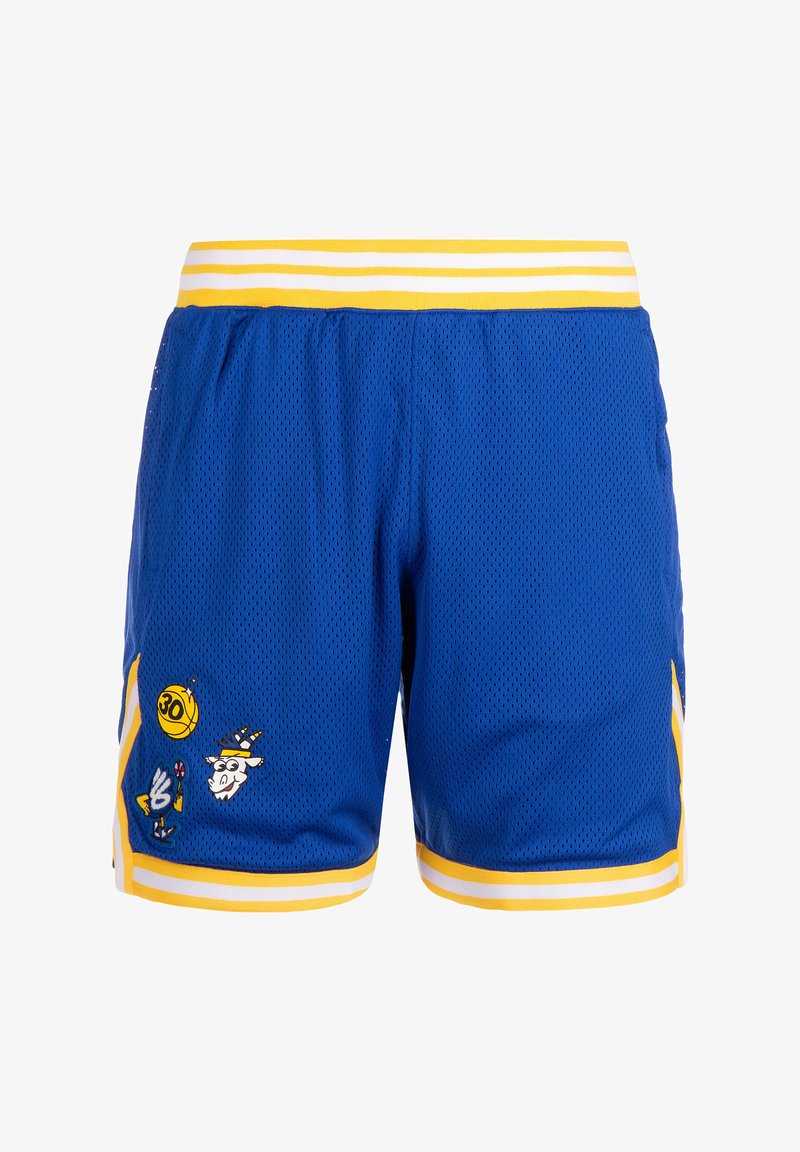 Blaue Mesh-Basketballshorts mit einem elastischen Bund in Gelb mit Streifen. Sie verfügen über verschiedene bunte Grafiken und Akzente entlang der Seiten.