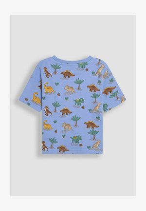 Šviesiai mėlynas trumpomis rankovėmis marškinėliai, su spalvingais dinozaurų ir augalų raštais. Pagaminti iš minkštos medžiagos, su apvaliu kaklu ir laisva forma.