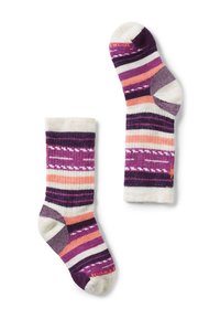 Calcetines a rayas en colores púrpura, rosa y blanco. Textura acanalada con talón y puntera acolchados. Logo naranja en el puño.