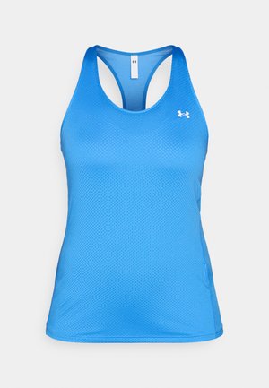 Plavi bezrukavni sportski top s dizajnom racerback i malim bijelim logotipom Under Armour na lijevoj strani prsnog koša.
