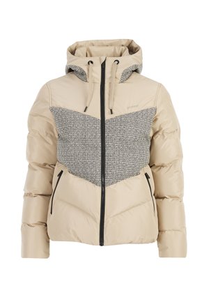 Beige padded jacket with hood, black front zipper, textured gray chest panel, drawstrings, and zippered side pockets.