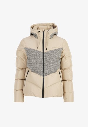 Beige padded jacket with hood, black front zipper, textured gray chest panel, drawstrings, and zippered side pockets.
