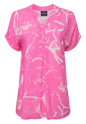 Blusa rosa a maniche corte con scollatura a V e contorni di animali bianchi in stile astratto, realizzata in tessuto morbido e leggero.