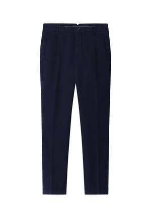 Pantalones de sastre azul marino con pasadores para cinturón, cierre delantero de botón y cremallera, y bolsillos laterales con abertura.