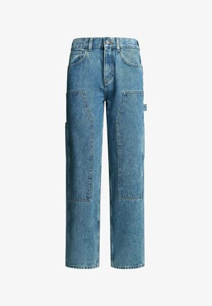 Pantaloni in denim azzurro chiaro con vita alta, design a gamba larga, quattro tasche applicate e una leggera sbiaditura su tutta la stoffa.