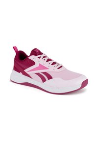 Sporta apavi ar rozā un baltu sietu augšdaļu, teksturētām akcentiem un baltu gumijas zoli ar rozā izcelšanu. Iekļauts cilpa papēža cilpa.