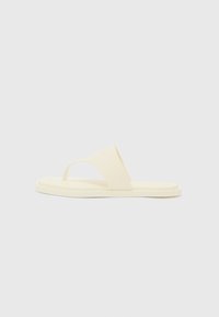 Yellow rubber flip-flop with a wide strap and a toe post. Flat sole, minimalistic design, smooth texture. Simple and functional style.