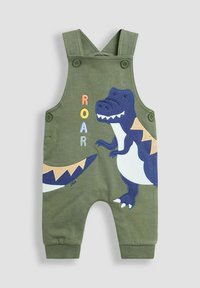 Grüne Baumwoll-Overall mit Dinosaurier-Stickerei und dem Text "ROAR". Ausgestattet mit verstellbaren Trägern und Knopfverschlüssen. Gummizüge an den Bündchen.