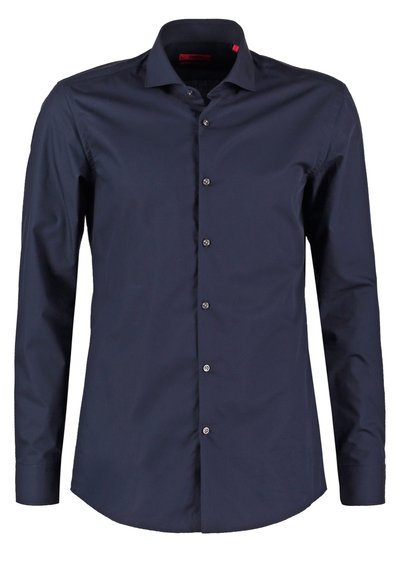 Chemise à manches longues bleu marine en coton lisse, dotée d'un col standard, de boutons sur le devant et d'une coupe ajustée.