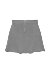 Szara spódnica typu skater wykonana z miękkiej, teksturowanej tkaniny, z prostym pasem i zamkiem z tyłu jako elementem zapięcia.