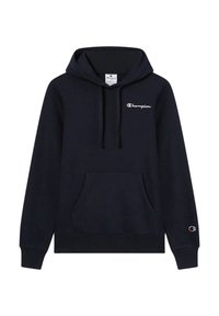 Navyblaue Kapuzenjacke aus Baumwollmischung mit Kängurutasche, Kordelzugkapuze und aufgesticktem Champion-Logo auf der Brust und dem Ärmel.