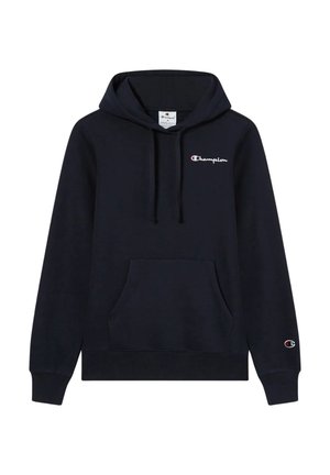 Navyblaue Kapuzenjacke aus Baumwollmischung mit Kängurutasche, Kordelzugkapuze und aufgesticktem Champion-Logo auf der Brust und dem Ärmel.