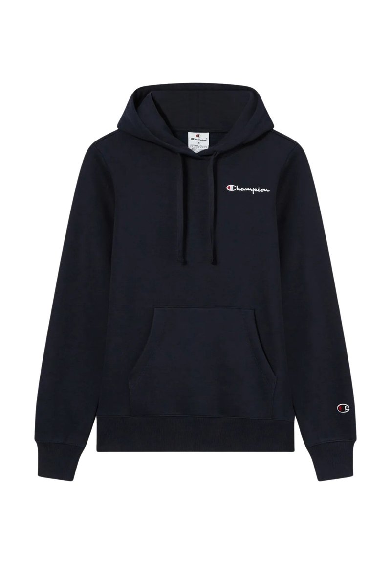 Felpa blu navy in misto cotone con tasca a marsupio, cappuccio con coulisse e logo Champion ricamato sul petto e sulla manica.