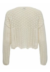 Cardigan en tricot de couleur crème, coupé, avec un motif texturé à mailles ouvertes et un ourlet festonné. Manches longues avec des poignets côtelés.