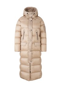 Beige pufferjack, knielang, met een capuchon. Beschikt over ritssluitingen en drukknoopsluiting. Gelaagd, gewatteerd patroon met een zachte afwerking.