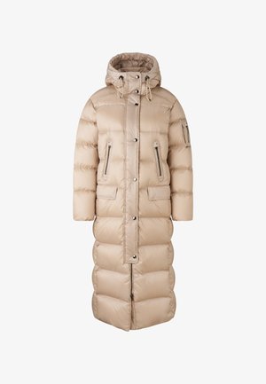 Beige puffer coat, knee-length, with a hood. Features zippered pockets and snap buttons. Textured, quilted pattern with a soft finish.