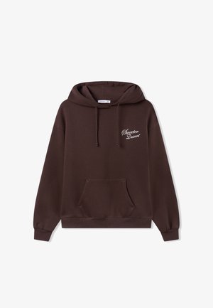 Felpa con cappuccio marrone in tessuto misto cotone, con tasca frontale, coulisse regolabili e la scritta "Sweeter Dessert" ricamata in bianco.