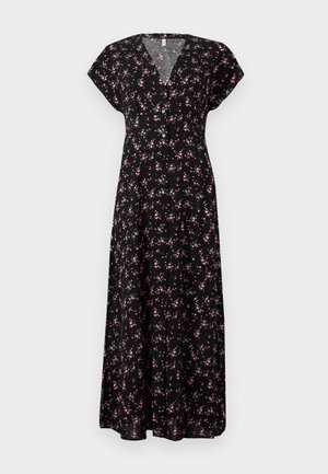 Czarna sukienka maxi w różowy kwiatowy wzór, z krótkimi rękawami, dekoltem w serek i zapięciem na guziki z przodu.