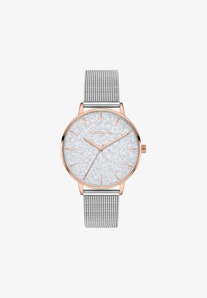 Silberne Uhrenarmband aus Mesh mit rundem Gehäuse in Roségold, funkelndem silbernem Zifferblatt und minimalistischen Stundenmarkierungen. Mit einem dezenten Markenlogo.