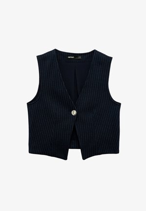 Marinevest med lodrette striber, ærmeløs design, v-hals, enkelt frontknap og en let hale bagpå. Materialet ser struktureret ud.