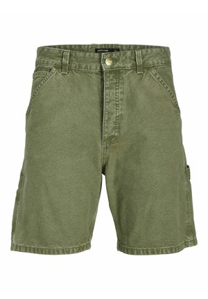 Shorts de algodón verdes con un diseño clásico, bolsillos frontales y bolsillos laterales tipo cargo. Tejido texturizado con un acabado suave.