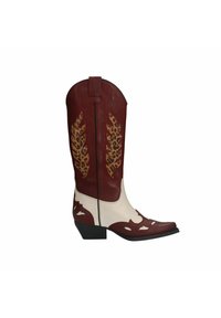 Bruine en witte cowboylaarzen met een spitse neus, voorzien van luipaardprintaccenten en blaadjesuitsparingen op de schacht. Gestructureerd leren materiaal.