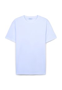 T-shirt blu chiaro a maniche corte con colletto rotondo, con etichetta di dimensione "L" all'interno del colletto.