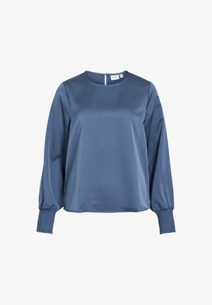 Blue satin long-sleeve blouse with round neckline and smocked cuffs, button closure at the back neck.