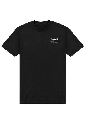 Czarny t-shirt z krótkim rękawem z logo „Castrol Performance Racing” w białym kolorze na lewej piersi, z czerwonymi, białymi i zielonymi paskami.