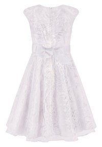 Bílé šaty s květinovou výšivkou, krátkými rukávy a zipem na zádech. Mají mašličku v pase a rozšířenou sukni.