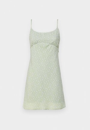 Kerge roheline lilleline kampsuni kleit, millel on keha lähedalt liibuv ülaosa ja õhukesed rihmad. Kaunistavad väikesed valged lilled. Sujuv tekstuur, põlvekõrgune.