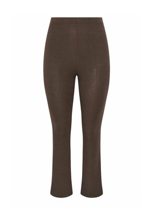 Pantaloni corti a vita alta in maglia marrone a coste con una leggera svasatura sull'orlo, mostrati su sfondo bianco.