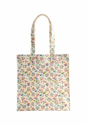 Leinen-Tote-Bag mit floralem Druck in Blau, Pink und Grün auf einem cremigen Hintergrund. Verfügt über zwei lange Griffe für bequemes Tragen.