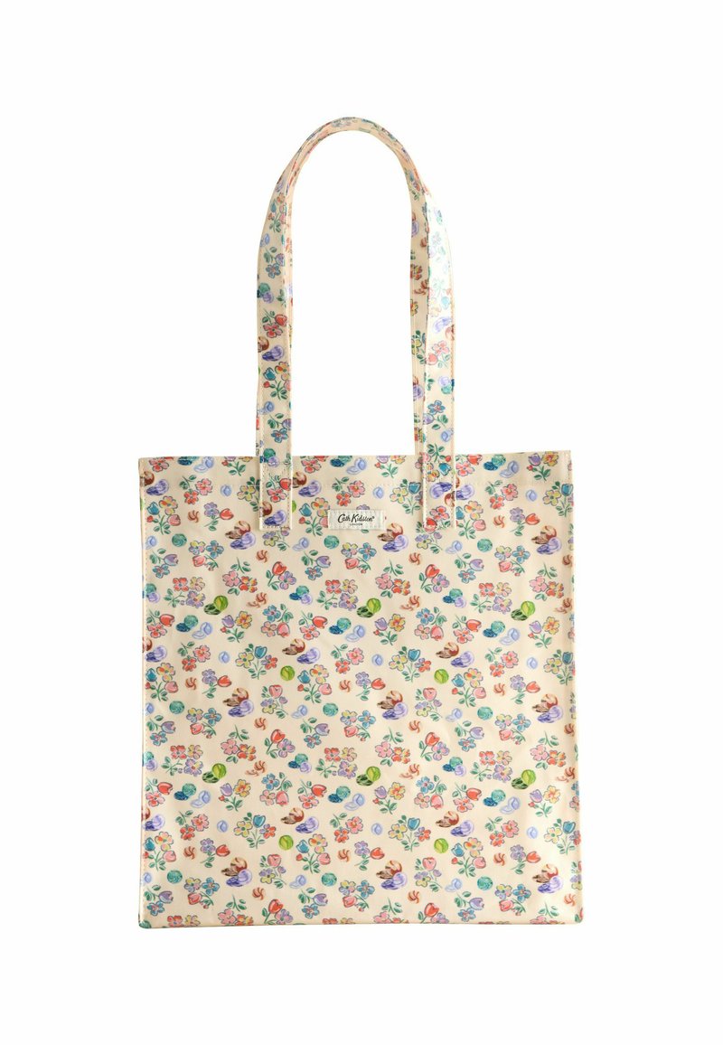 Canvas draagtas met bloemenprint in blauw, roze en groen op een crèmekleurige achtergrond. Voorzien van twee lange handvatten voor eenvoudig dragen.
