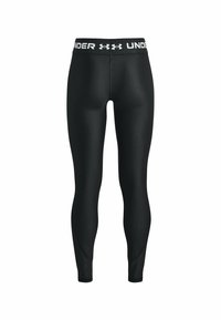 Musta urheiluhousut, joilla on sileä pinta ja tiivis muotoilu. Siinä on leveä vyötärönauha, jossa on valkoinen "UNDER ARMOUR" -brändäys ylhäällä.