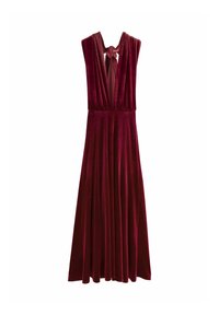 Burgunderrotes Samtkleid mit einem tiefen Ausschnitt, breiten Trägern und einem fließenden Rock. Es verfügt über eine gebundene Rückendetail.