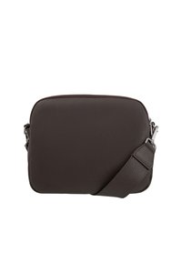 Brown leather crossbody bag with a textured surface, rectangular shape, adjustable strap, and silver hardware accents.
