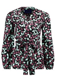 Blusa nera con un motivo di ciliegie e foglie in rosa e verde menta. Maniche lunghe con polsini elasticizzati e vita legata.