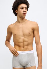 Γκρι βαμβακερά ανδρικά εσώρουχα τύπου μποξεράκι με λευκή ελαστική ζώνη στη μέση που φέρει το λογότυπο "GANT." Το μοντέλο έχει γυμνασμένο σώμα και ποζάρει με το ένα χέρι στη μέση του.