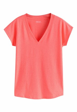 Korallrosa V-Ausschnitt T-Shirt mit kurzen Ärmeln, aus weichem Stoff. Legeres Design mit entspanntem Sitz und ohne sichtbare Muster oder Verzierungen.